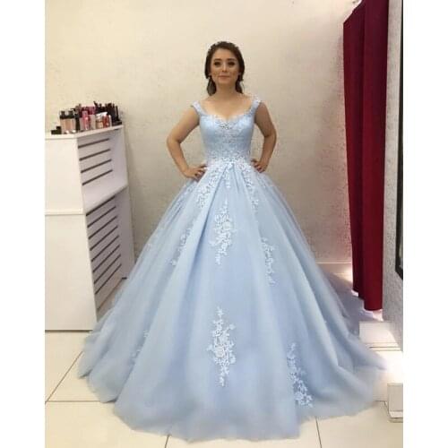 Light Blue Long Tulle Appliques Prom Dresses 2021 Ball Gown Scoop Neck Formal Evening Dress Robe De Soiree