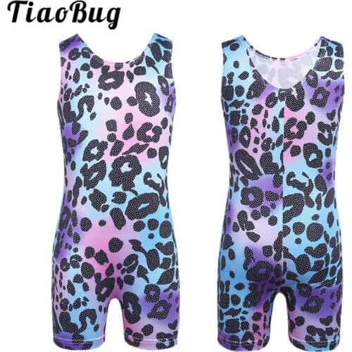 TiaoBug Children Shiny Leopard Pattern Gymnastics Leotard Girls Ballet Leotard Sports Bodysuit Jumpsuit Kids Stage Dance Costume