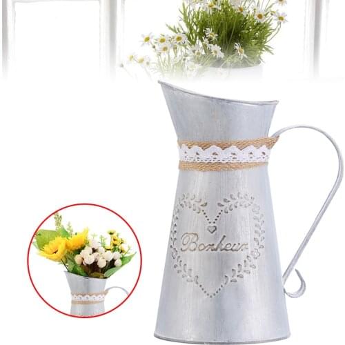 3D Flower Caving Rustic Iron Jug Galvanized Iron Sheet Flower Vases Retro Shabby Chic Metal Flower Jug Tabletop Decorating Vases