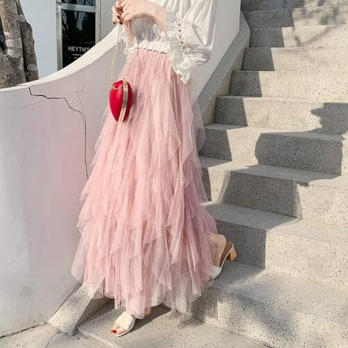 Autumn Winter Korean High Waist Mesh Skirt Women Summer Fairy Irregular Long Cake Pink Skirt Woman
