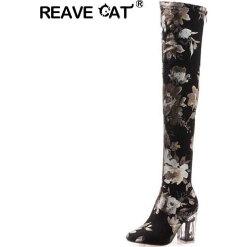 REAVE CAT Slouchy Boot over the knee thigh high boots woman Round toe Zip Clear Square Block heel colorful Stretch fabric