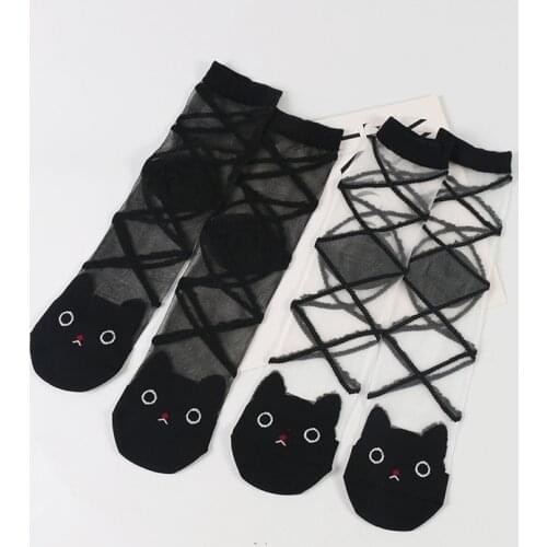 DONG AI 2 Pairs New Lovely Cats Head Summer Glass Sox Fashion Women Girls Transparent Sock Black Glass Sheer Mesh Socks Hosiery
