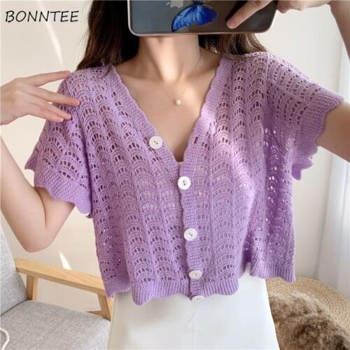 Sweater Cardigan Women Summer Daily Simple All-match Solid Vintage Ulzzang New Leisure Elegant Trendy Soft Hollow Out Female Fit
