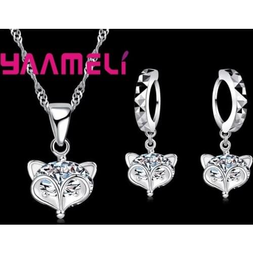 Cute Fox Charms Jewelry Sets for Women 925 Sterling Silver Austrian Crystal Inlay Paved Animal Hoop Earrings Necklace