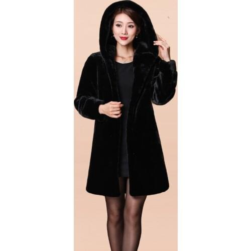 Winter women fur coat with hood long sleeve red black warm fur pockets plus size plush fluffy fake fur jacket 2020