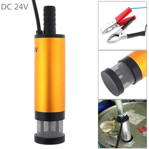 1Piece 24V 38MM Gold Portable Aluminum Alloy Car Electric Submersible Fuel Pump Auto Water Oil Barrel Pump + 2 Alligator Clips