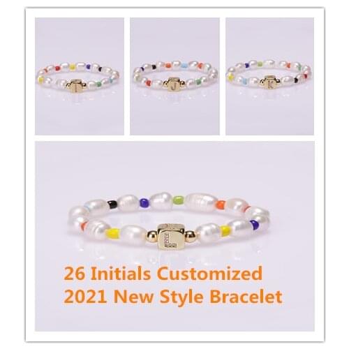 2021 Wholesale 5pcs Natural Freshwater Pearl Beaded Boho Cz Initial 26 Alphabet Letter Name Vintage Charm Unisex Daily Bracelet