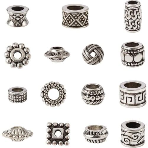 300pcs/box Mixed Shapes Alloy Beads Large Hole Beads Antique Silver Color for Jewelry Making DIY Bracelet Necklace Findings