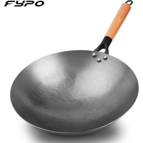 Fypo Handmade Chinese Cast Iron Wok Smokless Cookware Uncoated Iron Pot Frying Pan Non-Stick kitchen Pot skillet Wok