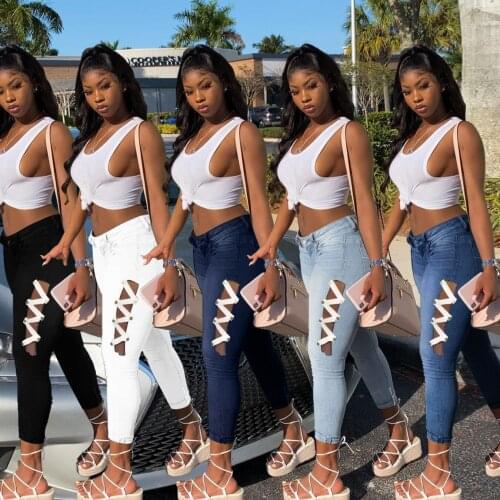 Women Solid Lace-up Hollow Out Bandage Jeans Ladys Streetwear High Waist Skinny Denim Pencil Pants Female Washed Trousers