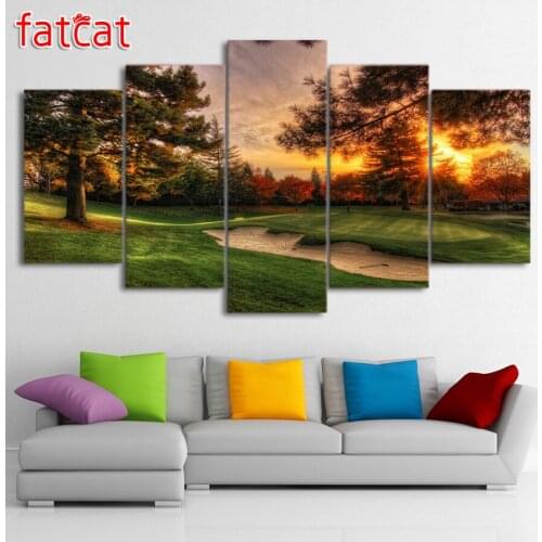 FATCAT 5 Pieces Golf Course Trees Sunset Landscape Diy Diamond Painting Full Square Round Drill Diamond Embroidery Sale AE955
