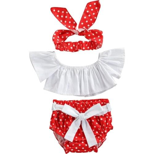 FOCUSNORM 3pcs Infant Baby Girls Clothes Sets Off Shoulder Short Sleeve T Shirts Bow Polka Dot Printed Shorts Headband 0-24M