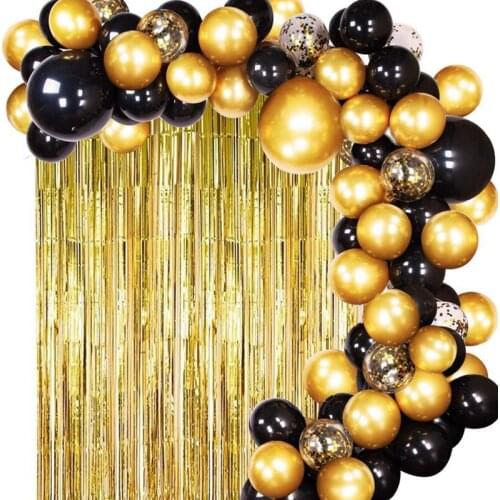 Hot XD-Black Gold Balloons with Gold Tinsel Curtain Black Gold Balloon Garland for Wedding Birthday Party Supplies Decorations