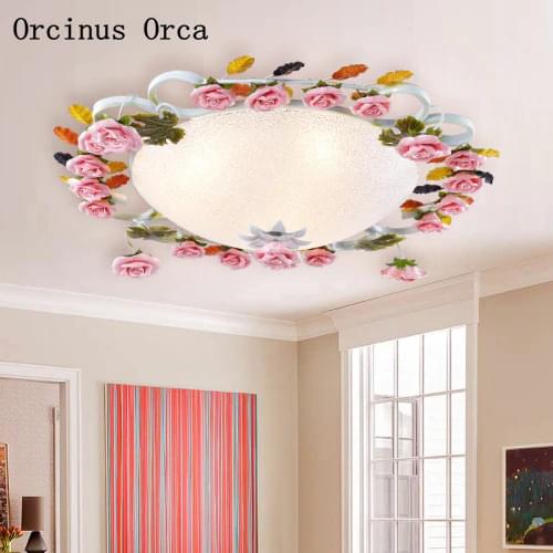 Korean pastoral pink rose ceiling lamp living room dining room balcony bedroom modern creative color LED flower ceiling lamp