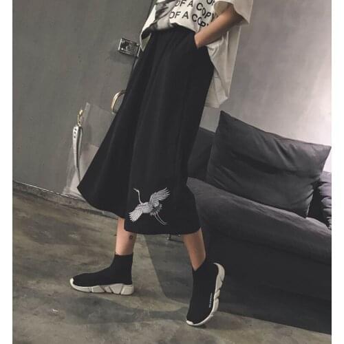 Summer Harajuku Japanese Retro Crane Print High Waist Elastic Wide Leg Pants Streetwear Cropped Pants College Men And Women