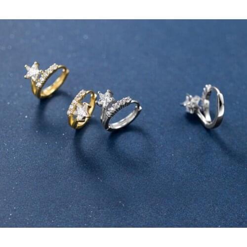 Small 18K Gold Real. 925 Sterling Silver jewelry TWO Rows CZ set 4A+ Star ear hoop huggie earrings Piercing C-G7694