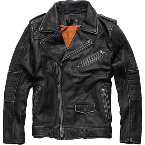Mens Genuine Leather Jacket Lapel Diagonal Zipper Cowhide Jacket Short Slim-Fit Retro Distressed Motorcycle Jacket