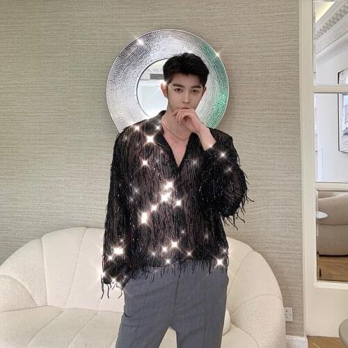 Men See Through Long Sleeve Casual Tassel Sequins Shirt Male Retro Fashion Streetwear Loose Dress Shirts Stage Show Clothing
