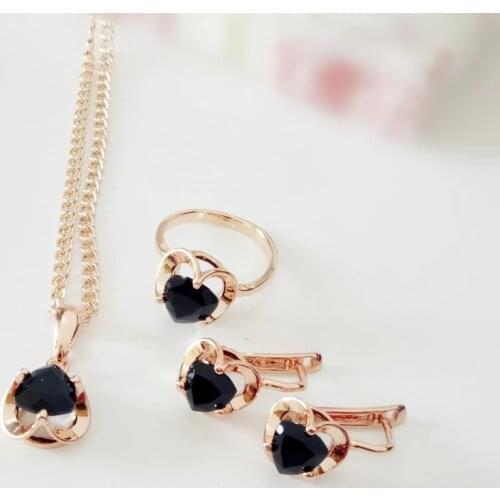 Office Women Jewelry Sets Rose 585 Gold Color Women Jewelry Black Cubic Zirconia Earring/Necklace/Ring Sets