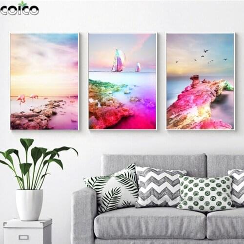 Landscape Painting Wall Art on Canvas Abstract Modern Sea View Poster Purple Flamingo Bridge Sailboat Home Decor Picture Frame