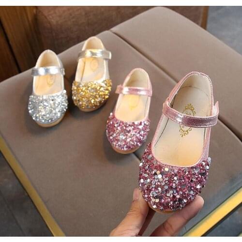 New Fashion Princess Shoes Pink Gold Silver Girls Shoes Glitter Rhinestone Sequins Kids Flats Children Wedding Party Dress Shoes