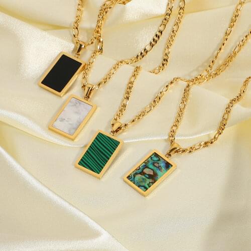 Gold Plated Stainless Steel Figaro Chain Neckalce For Women Abalone Malachite Onyx Mother of Shell Pendant Willow Necklace