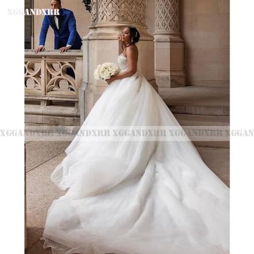 Romantic Wedding Dress 2022 Tulle Ball Gown Tulle Wedding Dress White Sweetheart Sleeveless Appliques Beading Royal Train