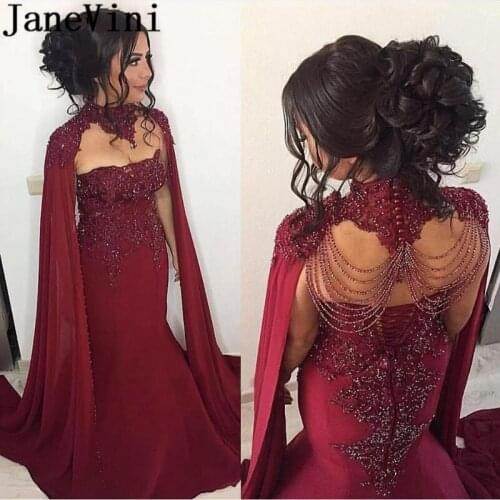 JaneVini Luxury Arabic Mermaid Evening Dresses With Cape Vestiti Lunghi Burgundy Chiffon Women Beaded Lace Formal Party Gowns