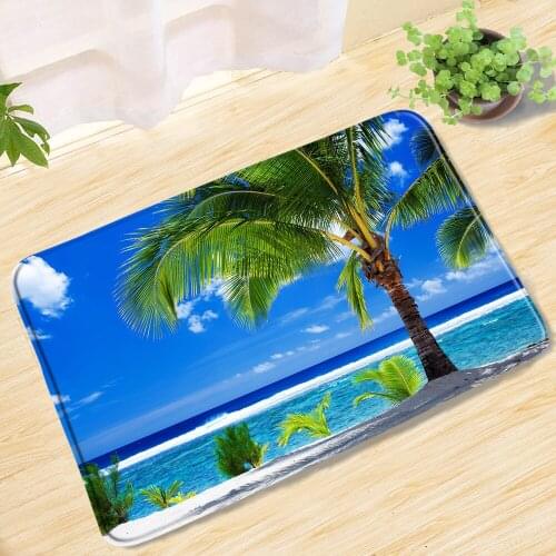 Blue Sky And Ocean Beach Coconut Tree Landscape Bath Mat Nature Scenery Entrance Door Mat Bathroom Mat Toilet Rug Bath Carpet