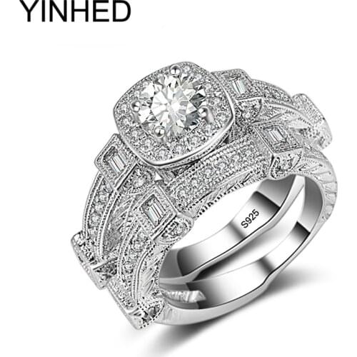 YINHED Luxury Brand Wedding Rings Set 1 Carat Zircon CZ Engagement Ring for Women 925 Sterling Silver Ring Fashion Jewelry ZR343