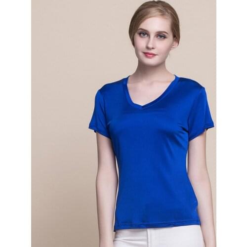 Summer Women 100% Real Silk T-shirt Casual Knitted Short Sleeve Shirts Comfortable Breathable Loose V-neck T-shirts 1008