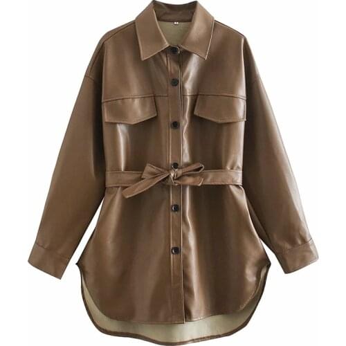 Fashion Womens Imitation Leather Shirt Jacket With Belt Long-Sleeved Cardigan Button Street Clothing Jacket