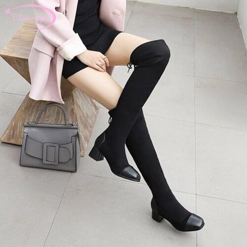 Party style slimming round toe flock over knee high boots fashion lace-up black medium with thick heel riding boots women shoes