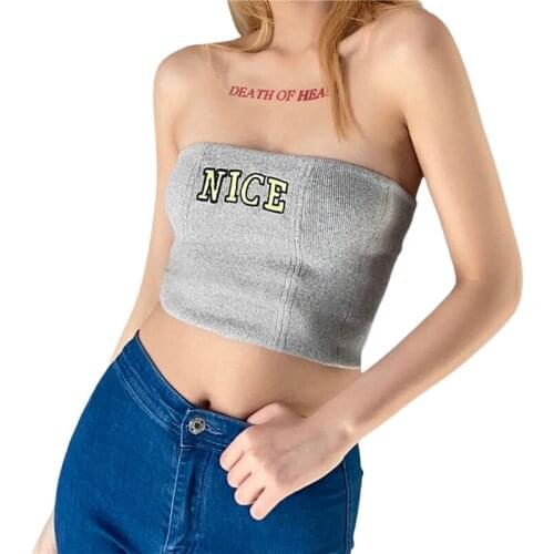 2021 Fashion Trend Women Summer Tube Top Slim Fit Lace-Up Embroidered Letter Pattern Boat Neck Crop Top Backless Tanks Vest