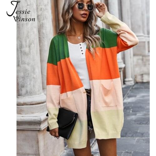 Jessie Vinson Women Cardigan Sweater Casual Long Sleeve Color Block Striped Warm Knitted Sweater Winter Pockets Cardigan Jacket