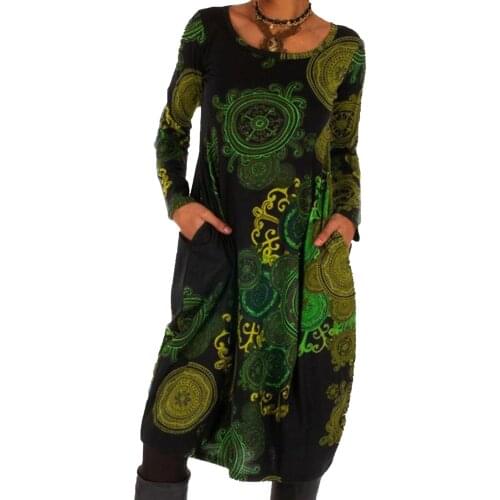 Woman dress Retro Women Long Sleeve O Neck Digital Print Pockets Loose Knee-length Dress femme robe vestido de mujer платье