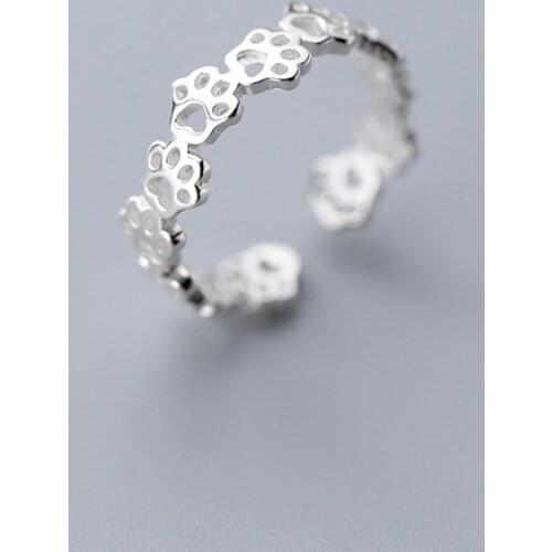100% Real 925 Sterling Silver Animal Paw Print Open Rings Cute Dog Cat Paw Adjustable Ring for Women Animal Lovers J0006