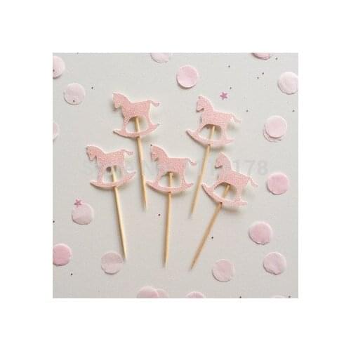 Glitter cheap Rocking Horse Cupcake Toppers wedding bridal Shower birthday tea party treat food picks decoration BT007