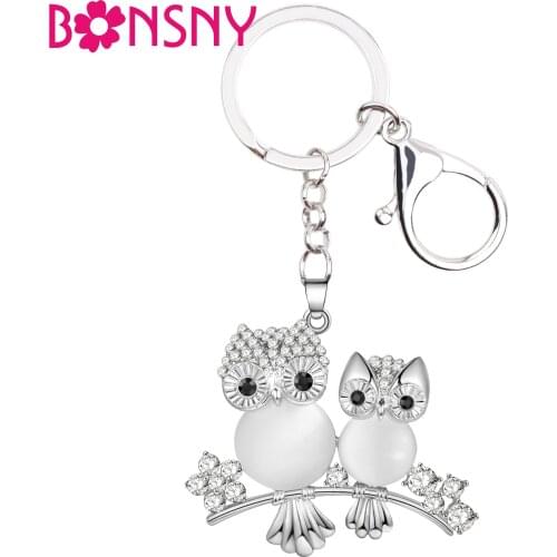 Bonsny Rhinestone Opal Owl Key Chain Key Ring Bag Handbag Charm Alloy Keychain Accessories New Fashion Animal Jewelry For Women