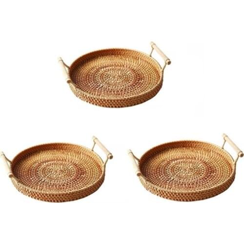 Household Rattan Tray Bread Fruit Snack Plate Portable Picnic Basket Desktop Woven Storage Basket Afternoon Tea Serving Tray