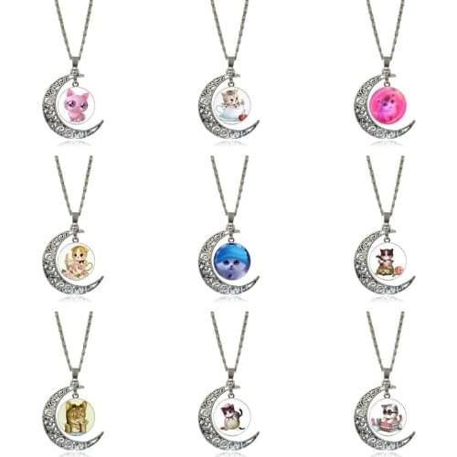 EJ Glaze For Unisex Party Gift Cute Pink Cat Design Fashion Glass Crescent Moon Women Necklace Pendants