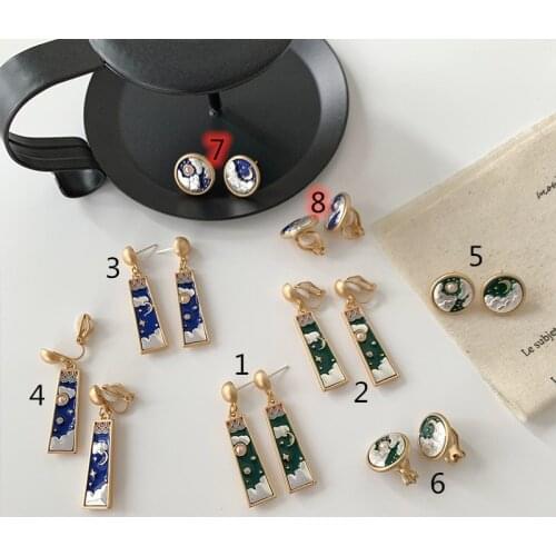 Ethnic Enamel Star and Moon Earrings for Women Metal Three-dimensional Geometric Long Hanging Drop Earrings Statement Jewelry