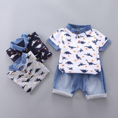 2021 Summer Fashion Newborn Baby Clothes Suit Toddler Girls Boys Short Sleeve Dinosaur Pattern Shirts+Denim Pants Clothing Sets