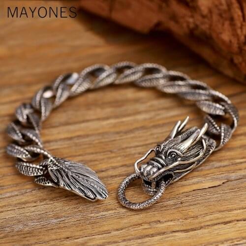 Mens Biker Sterling 925 Silver Dragon Curb Chain Bracelet Thai Vintage Style Dragon Link Handcrafted Punk Men Bracelet Bangle