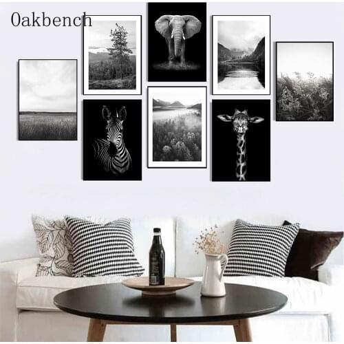 Giraffe Zebra Wall Painting Elephant Poster Landscape Paintings Black And White Print Nordic Wall Pictures For Living Room Decor