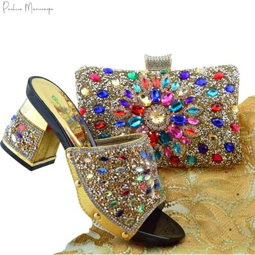 Nigerian Women Shoes and Bag for Party Italian Ladies Slipper with Shining Crystal in Golden Color