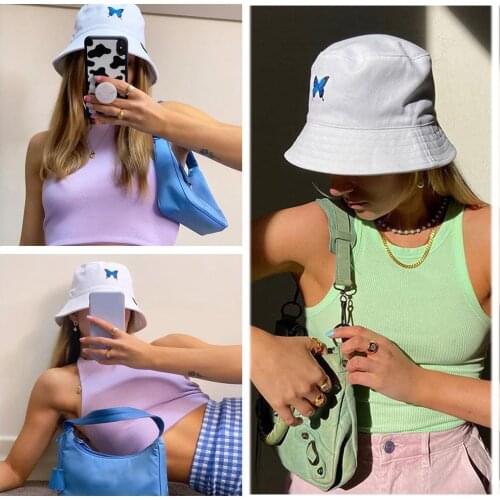 Panama with Butterfly Canvas Bucket Hat White Butterfly Caps Travel Visor Double-sided Wearable Hat Embroider Basin Outdoor Z0C1