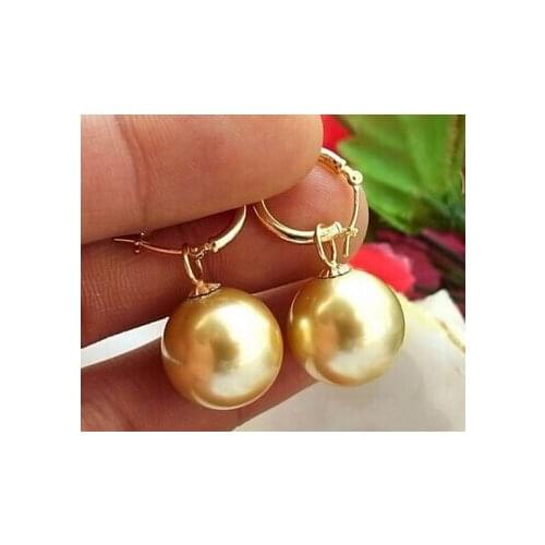 Large 14MM DRIP Golden SOUTH SEA SHELL PEARL DANGLE EARRING 925