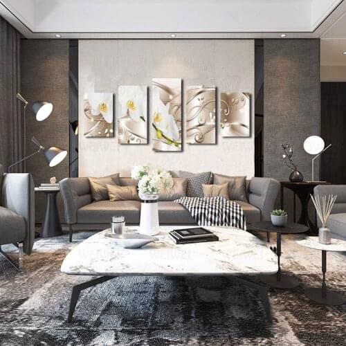 Modern Classic Canvas Painting 5 Combination Flower Posters Abstract White Flower Oil Painting Mural In The Living Room