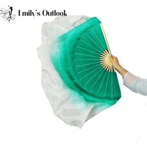 Green White Silk Veil Folk Art Chinese Belly Dance Dancing Bamboo Short Fan Colorful Two Layers Light Weight Customized Size